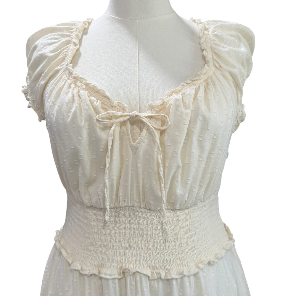 Old Navy Cream Clip Dot Smocked Waist Maxi Dress Cottagecore Boho Prairie SZ L - Picture 5 of 8